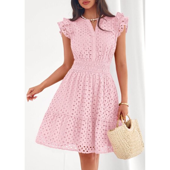 Women's Pink V Neck Eyelet Cap Sleeve Summer Beach Vacation Sundresseses - Picture 8 of 8